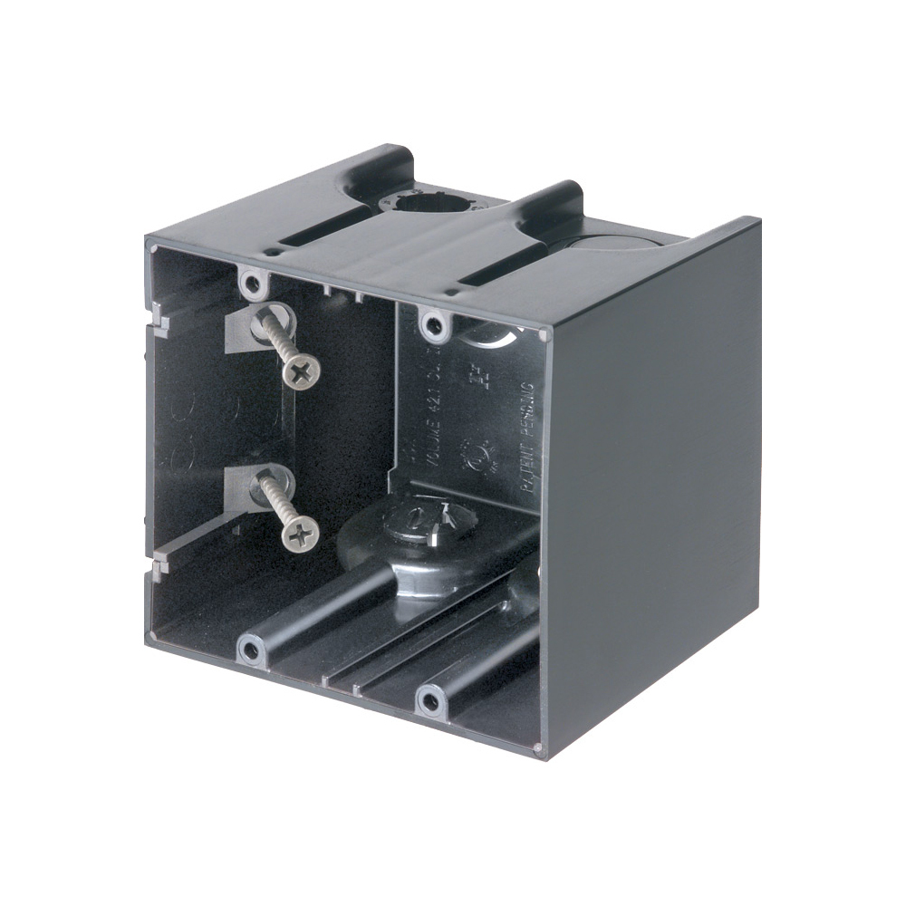 F102 One-Box Versatile Outlet Box With (2) Captive Screws and (1) Knockout, Plastic, 42 cu-in Capacity, 2 Gangs, 2 Outlets, 4.11 in L x 3.74 in W x 3.51 in H