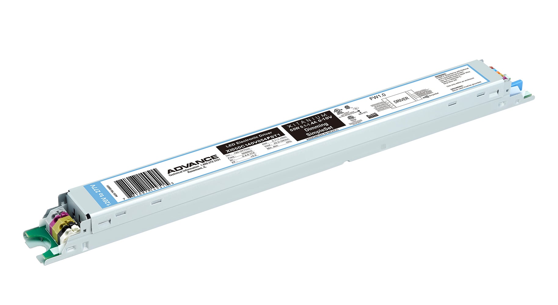 XI050C140V054PST2M Advance Xitanium Linear Adjustable Current LED Driver, 120 to 277 V AC Input, 54 V Output, 50 W Power Rating, 14.17 in L x 1.18 in W