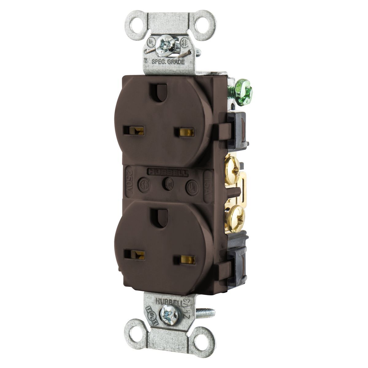5662B 1-Phase Duplex Grounding Heavy Duty Standard Weather Resistant Screw Mount Straight Blade Receptacle, 125 VAC, 15 A, 2 Poles, 3 Wires, Brown