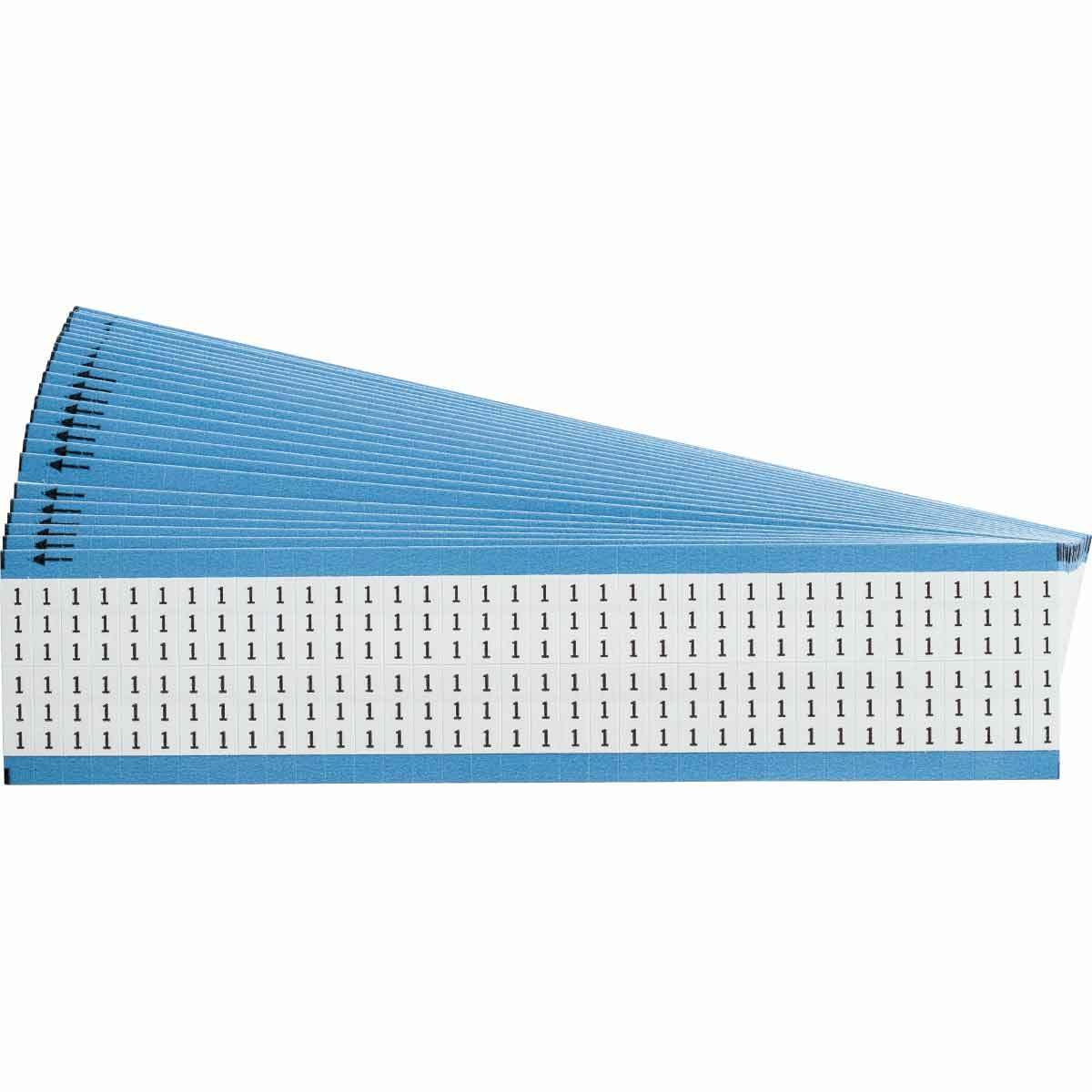 WM-1-SC-PK WM Series Die-Cut Pre-Printed Solid Number Wire Marker Card, 3/4 in L x 1/4 in W, Black on White, B-500 Repositionable Vinyl Coated Fabric, 72 Markers per Card