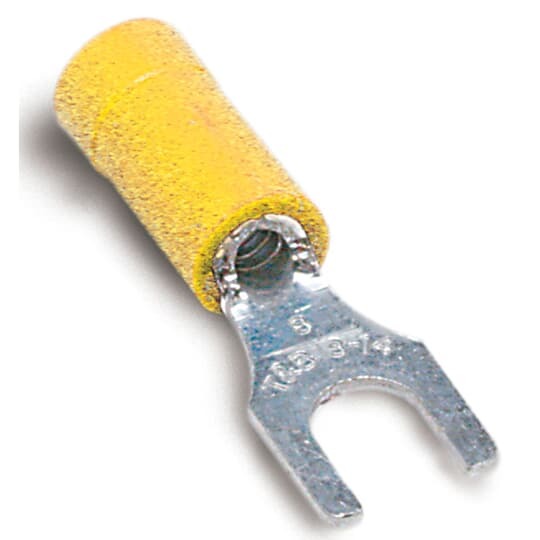KV10-10F-D Spec-Kon Fork Terminal, 12 to 10 AWG Conductor, 1.004 in L, Brazed Seam/Funnel Entry/Internal Serration Barrel, Copper, Yellow