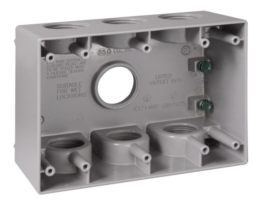 TP7144 Weatherproof Outlet Box, Die-Cast Aluminum, 59 cu-in Capacity, 3 Gangs, 7 Outlets, 2-5/8 in D
