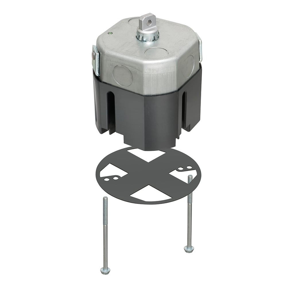 Steel T-Box for fans and fixtures weighing up to 70 lbs. Includes Wire Grabber? connector with braided drop wire for support, (2) #10-32 x 4" screws, and grid cover.