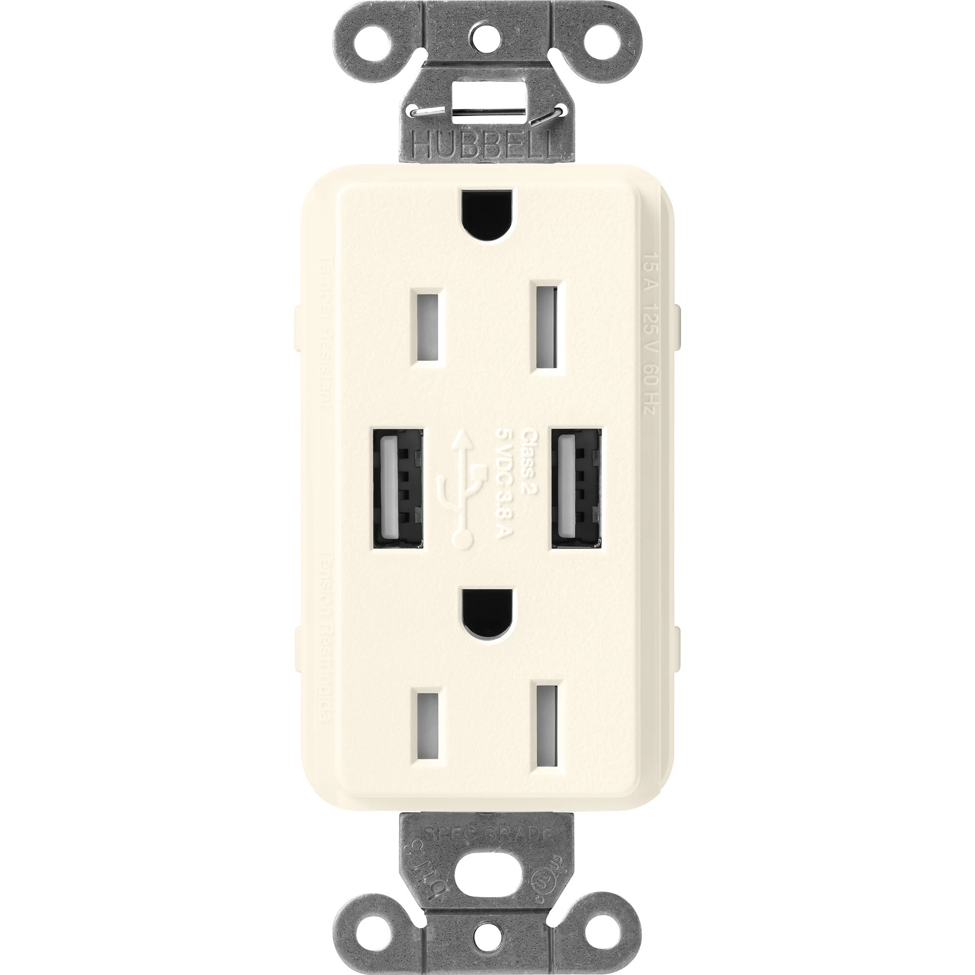 SCR-15-UBTR-BI Claro Tamper-Resistant USB-A Duplex Receptacle, Decorator-Style Outlet, 15 Amp, Self-Testing, Satin, Biscuit