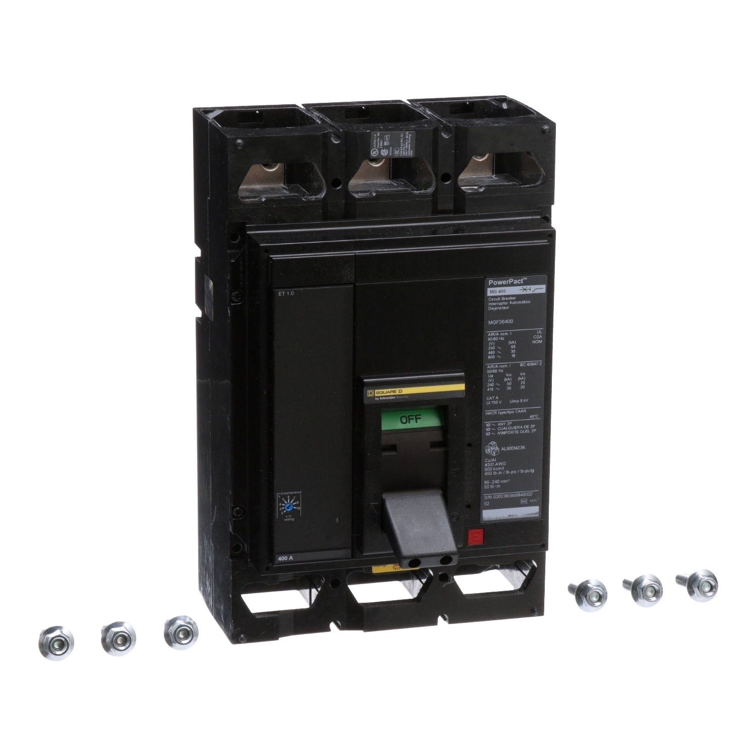 MGF36400 PowerPact MasterPact 80% Rated Molded Case Circuit Breaker, 600 V AC, 400 A, 65 kA at 240 V AC/35 kA at 480 V AC/18 kA at 600 V AC Interrupt, 3 Poles, Electronic Trip