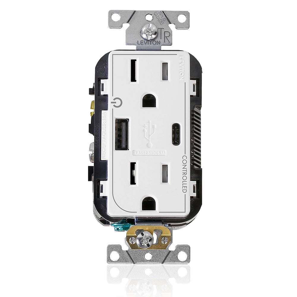 T5633-2W Controlled Combination Duplex Dual Marked Grounding Tamper-Resistant USB Receptacle, 125 V AC, 15 A, 25 W, 1/2 hp, 2 Poles, 3 Wires, White