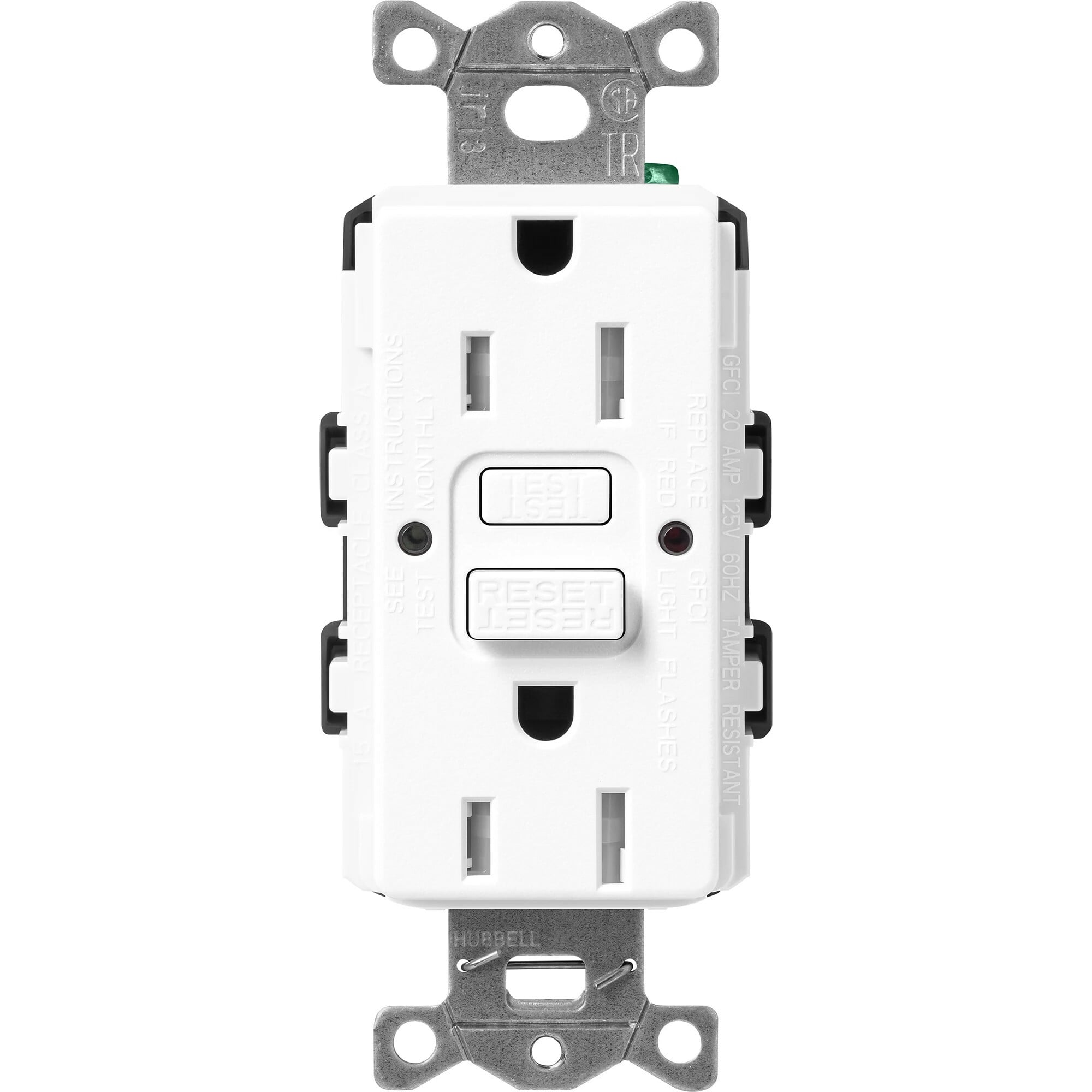 SCR-15-GFST-BW Claro Tamper-Resistant GFCI Duplex Receptacle, Decorator-Style Outlet, 15 Amp, Self-Testing, Satin, Brilliant White