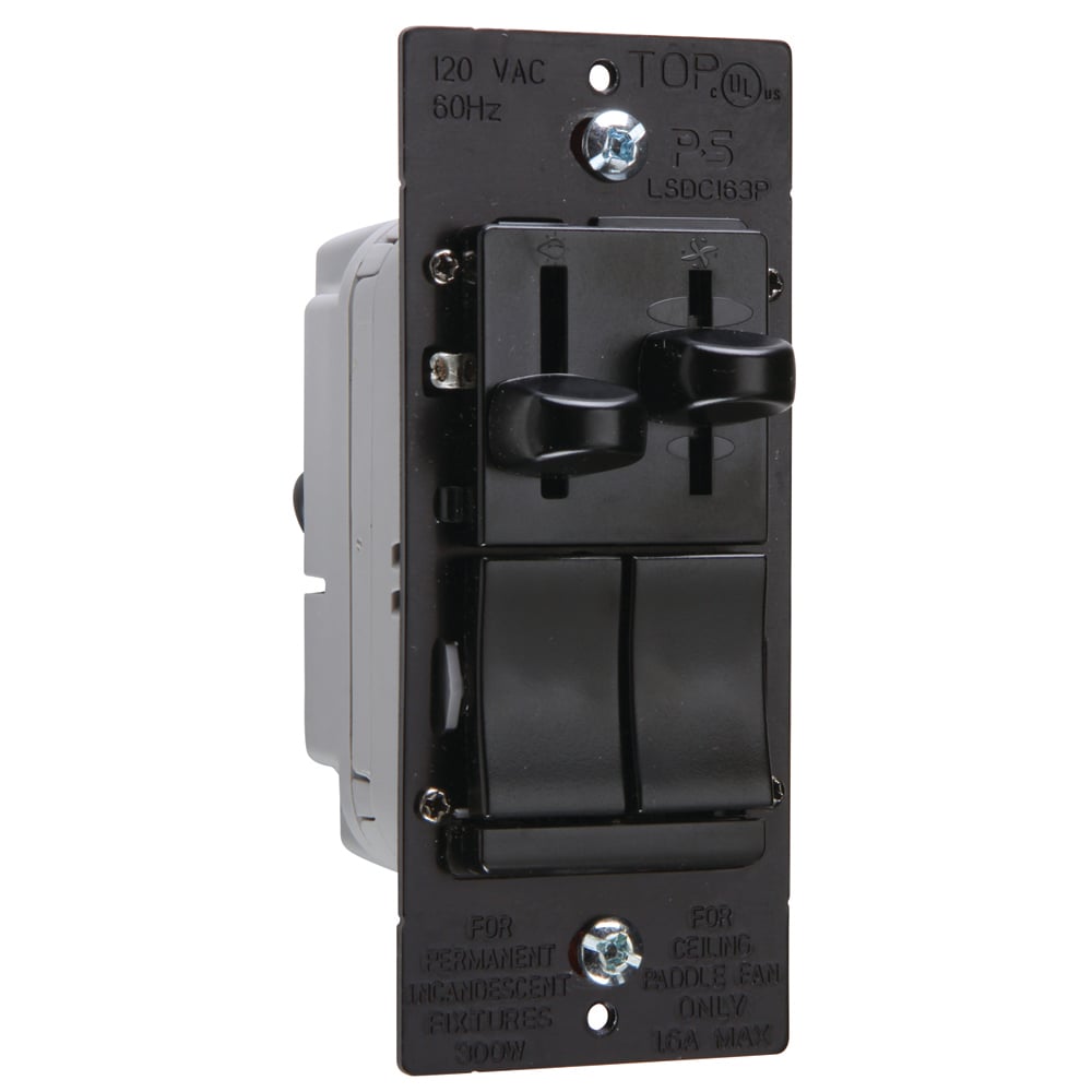 LSDC163PBKV Wattstopper LS 3-Way 1-Pole Dimmer Fan Control Switch, 120 V AC, 1.6 A, Slide Operational Mode, Thermoplastic, Black