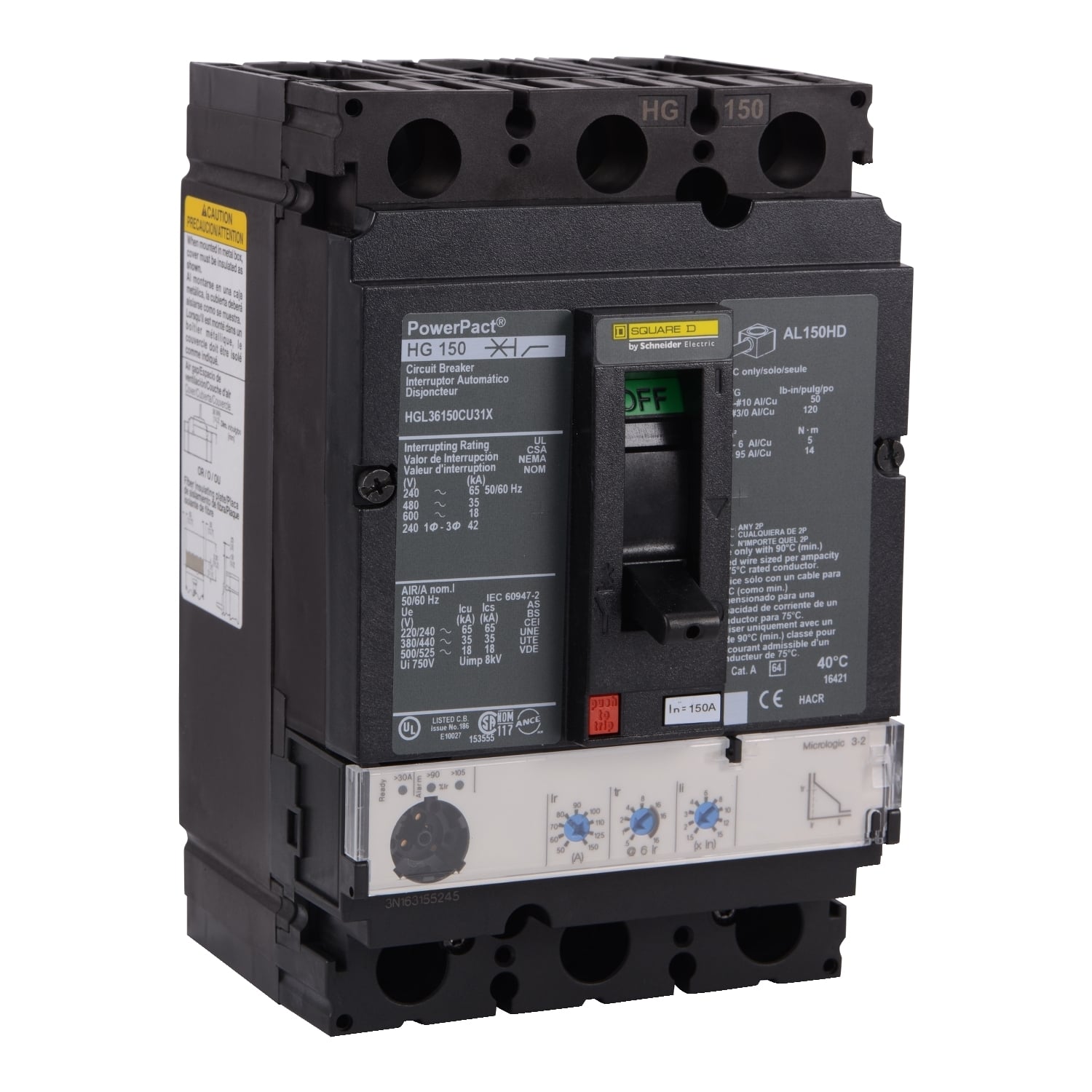 HGL36150CU31X Molded Case Circuit Breaker, 150 Amp, 3 Pole, 600V