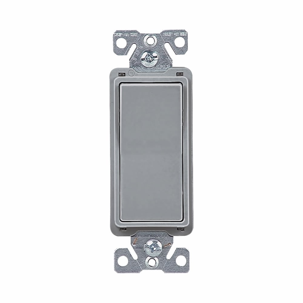 Eaton standard grade decorator switch, Box, #14-12 AWG, 15A, Flush, 120/277V, Back/push, Decorator, Maintained, Gray, Motor Control, Fan, LED, Incand, ELV,MLV,CFL, Florscnt, Halogen, Four-way, Thermoplastic 644696