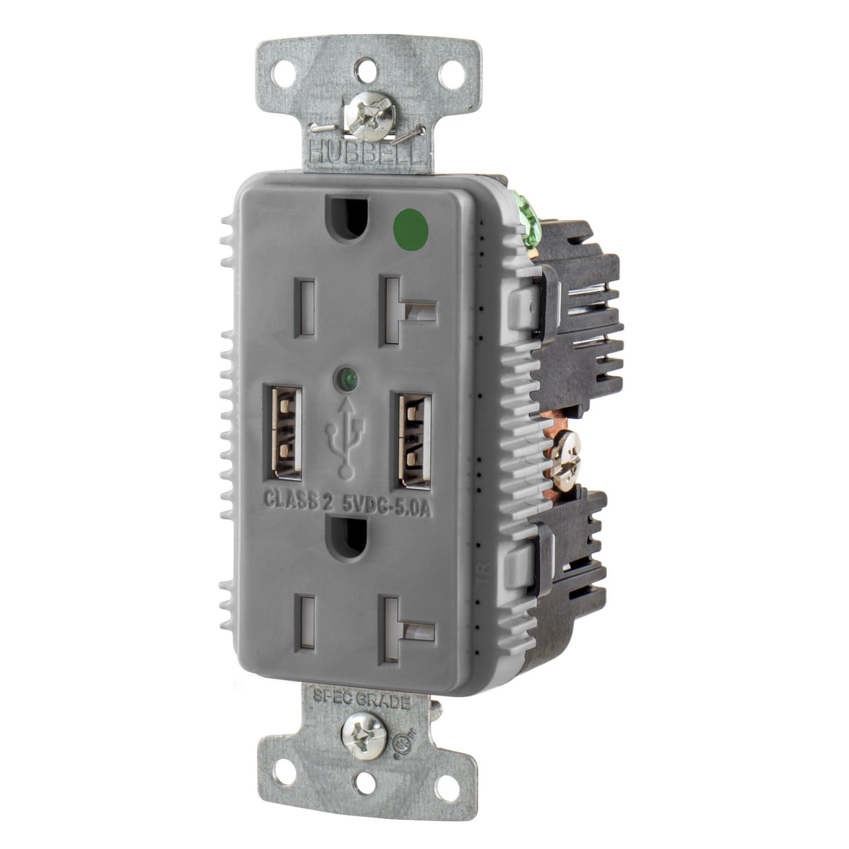 USB8300A5GY Duplex Grounding Tamper-Resistant Standard USB Charger Receptacle With Green LED, 125 V AC, 20 A, 1 hp, 2500 W, 1 Phase, 2 Poles, 3 Wires, Gray
