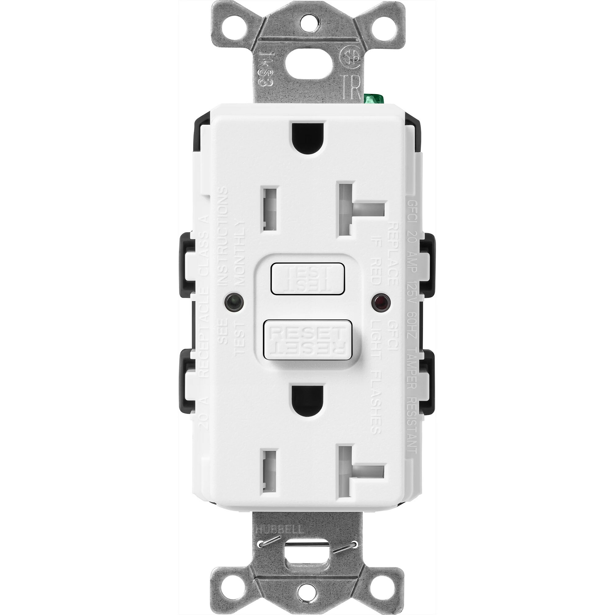 SCR-20-GFST-SW Claro Tamper-Resistant GFCI Duplex Receptacle, Decorator-Style Outlet, 20 Amp, Self-Testing, Satin, Snow