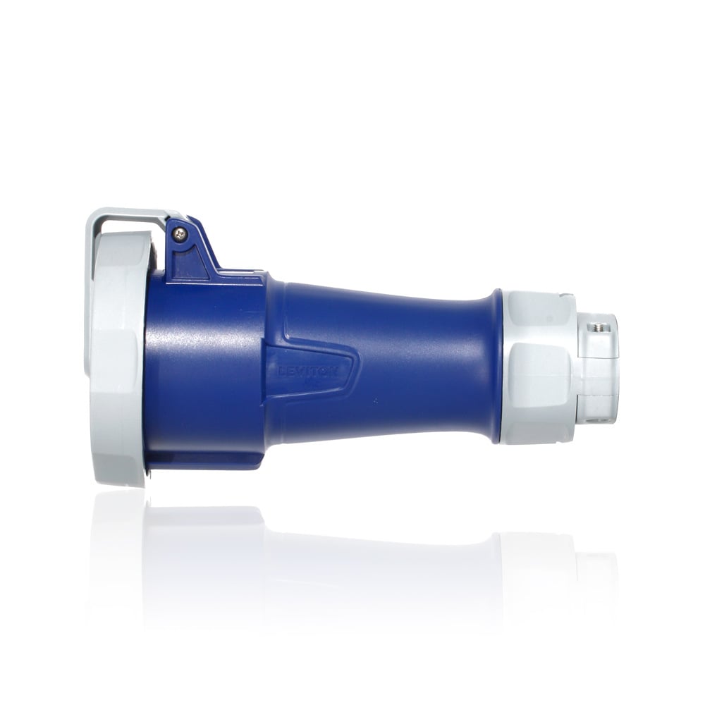 430C9WLEV 3-Phase 9-Clock Position Dust/Watertight Pin and Sleeve Connector With Standard Clamp, 250 V AC, 30 A, 3 Poles, 4 Wires, Blue