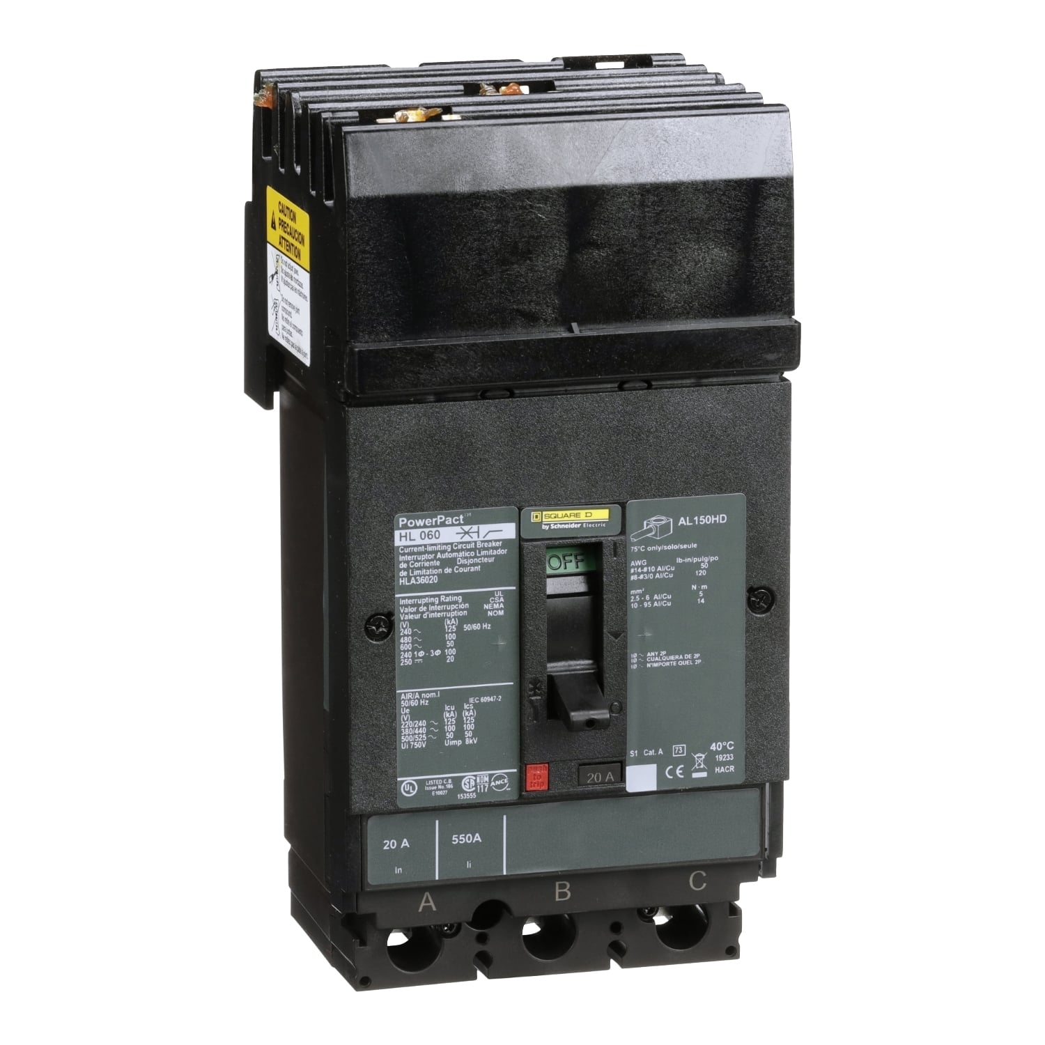 HLA36020 HL Series Hla Molded Case Circuit Breaker, 600 V AC/250 to 500 V DC, 20 A, 125 kA at 240 VAC/100 kA at 480 VAC/50 kA at 600 VAC/20 kA at 250 VDC/50 kA at 500 VDC/250 VDC/500 VDC/600 VAC Interrupt, 3 Poles, Thermal Magnetic Trip