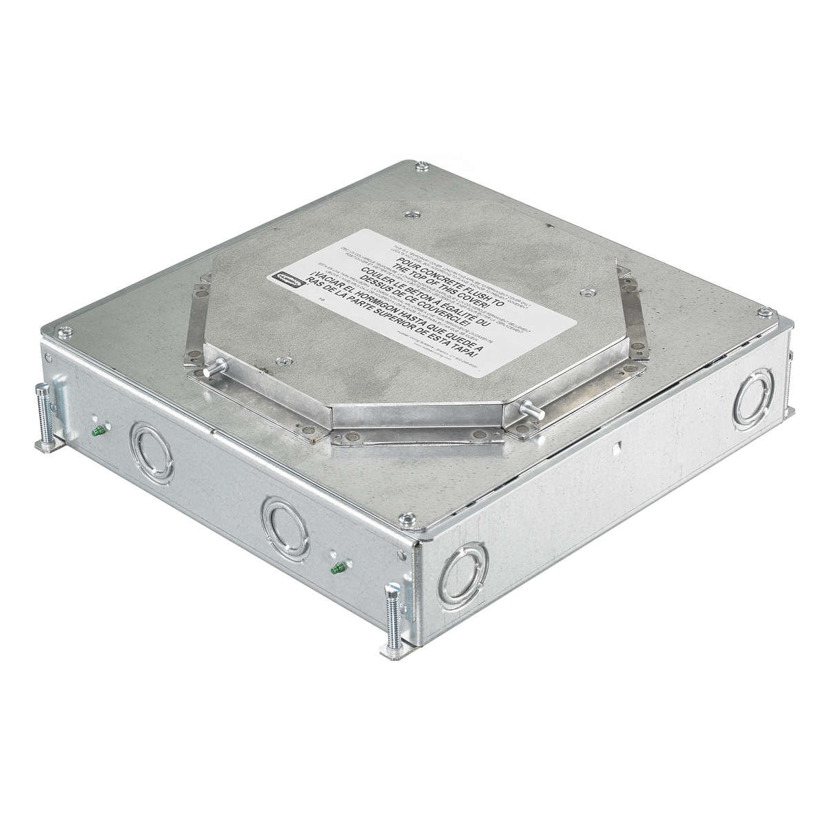CFB4G25R Above Grade Fully Adjustable Recessed Standard Floor Box, Stamped Steel, 26.5 cu-in Capacity, 4 Gangs, 16 Knockouts, 11.2 in L x 12.09 in W x 3.85 in H