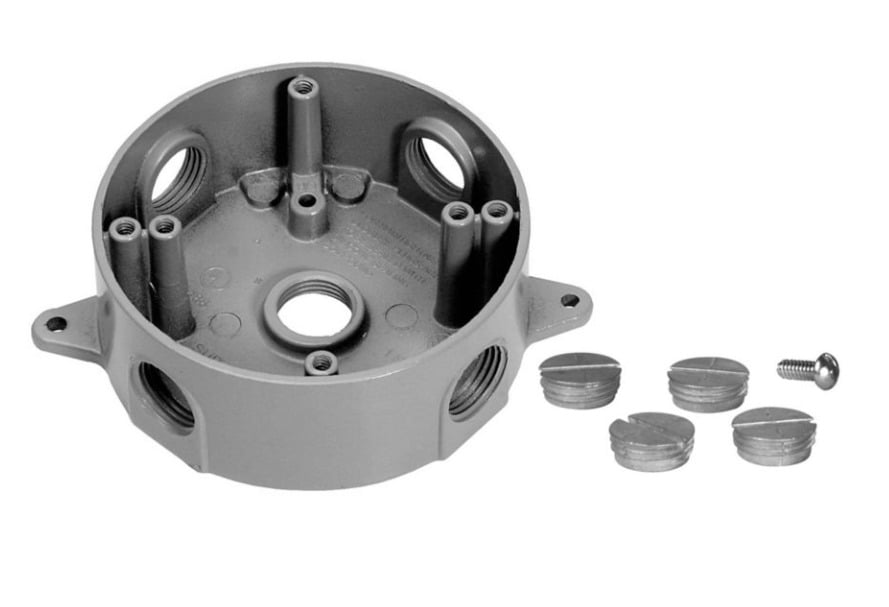 TP7149 Corrosion-Resistant Weatherproof Outlet Box, Die-Cast Aluminum, 15.5 cu-in Capacity, 4 Outlets, 4 in Dia x 1-1/2 in D