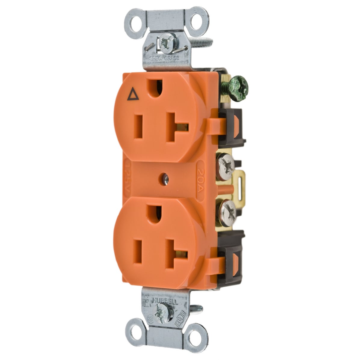 IG20CR 1-Phase Corrosion-Resistant Duplex Isolated Ground Standard Traditional Screw Mount Straight Blade Receptacle, 125 V AC, 20 A, 2 Poles, 3 Wires, Orange