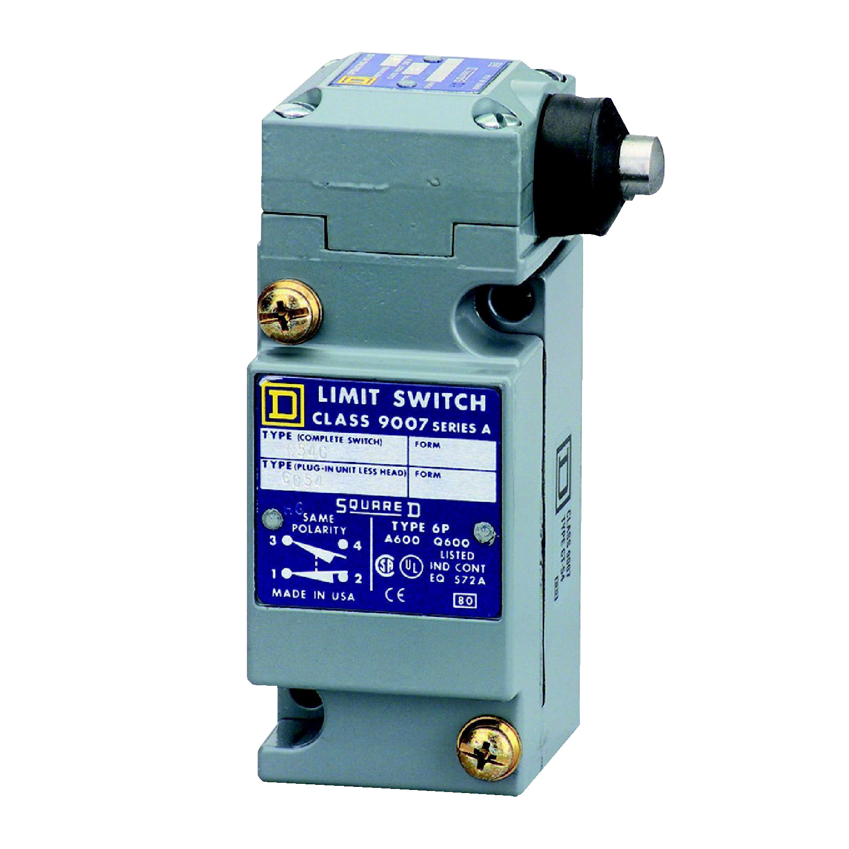 9007C54GM11 Heavy Duty Plug-In Limit Switch, 600 V, 10 A, Side Plunger Actuator, 1NO-1NC Contact, 1 Pole