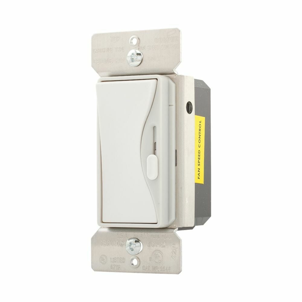 Eaton fan speed controller, No neutral required, Flush, 120 Vac, Wire Leads, Maintained, Wire lead, White satin, 60 Hz, Fan, Single-pole, Three-way, Single-phase, Polycarbonate, 1.5A 658358