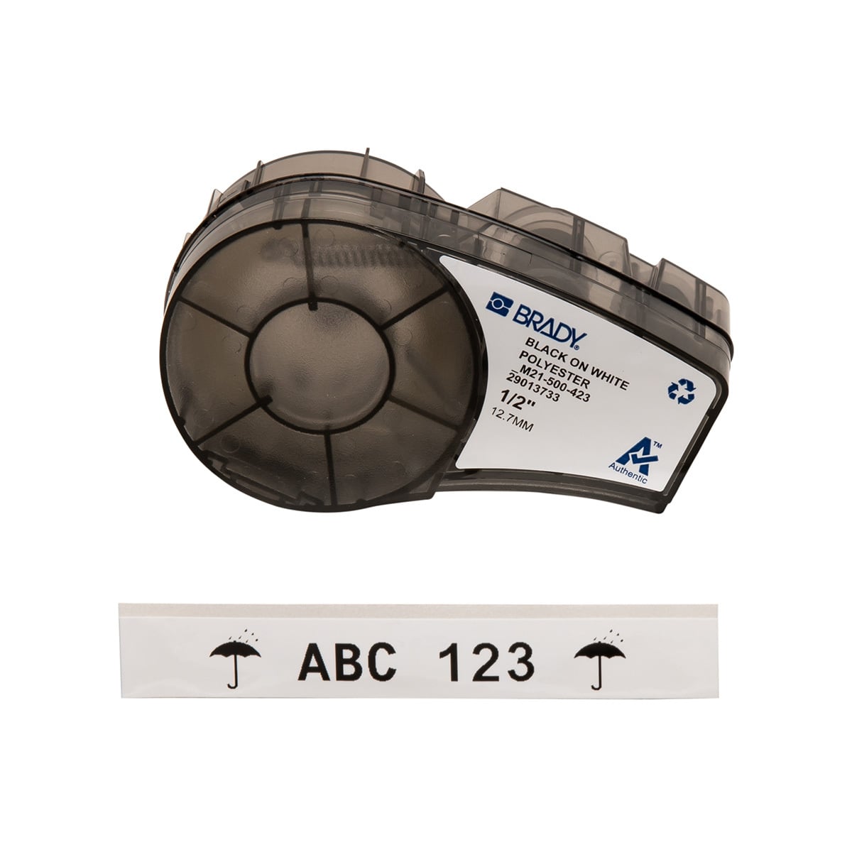 M21-500-423 WorkHorse BMP21 Cartridge Label, 21 ft L x 1/2 in W, Black on White, B-423 Polyester