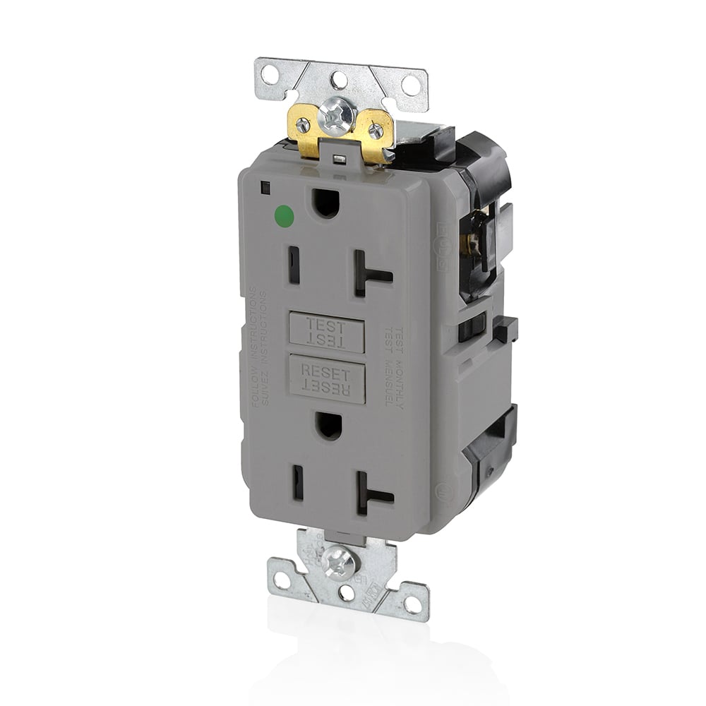 MGFN2-HGG SmartlockPro Slim Duplex Feed Through Self-Test GFCI Receptacle, 125 V AC, 20 A, 2 Poles, 3 Wires, Gray