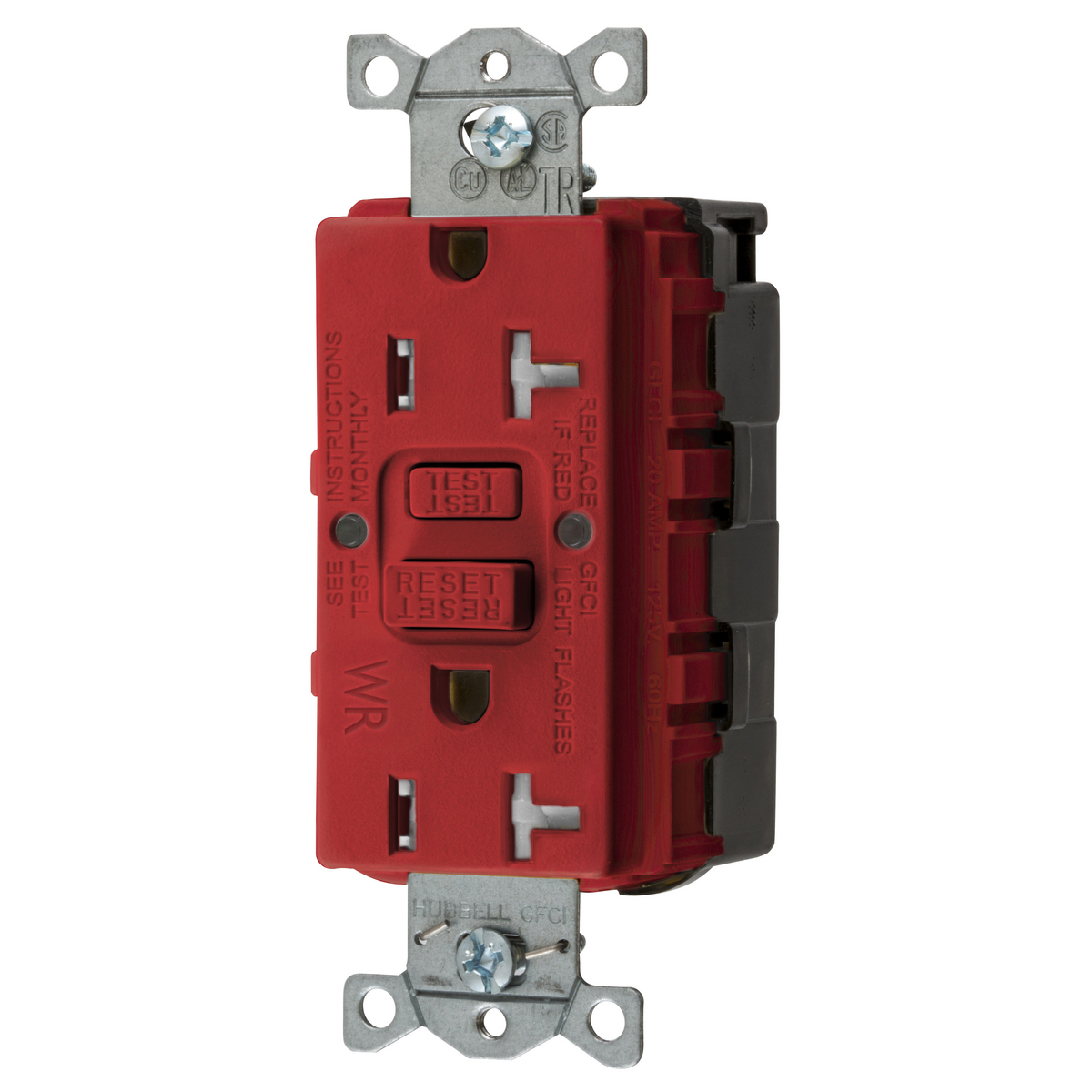 GFTWRST20SNAPR 1-Phase Decorator Duplex Grounding Heavy Duty Self-Test Tamper-Resistant Weather-Resistant Standard Screw Mount GFCI Receptacle, 125 VAC, 20 A, 2 Poles, 3 Wires, Red