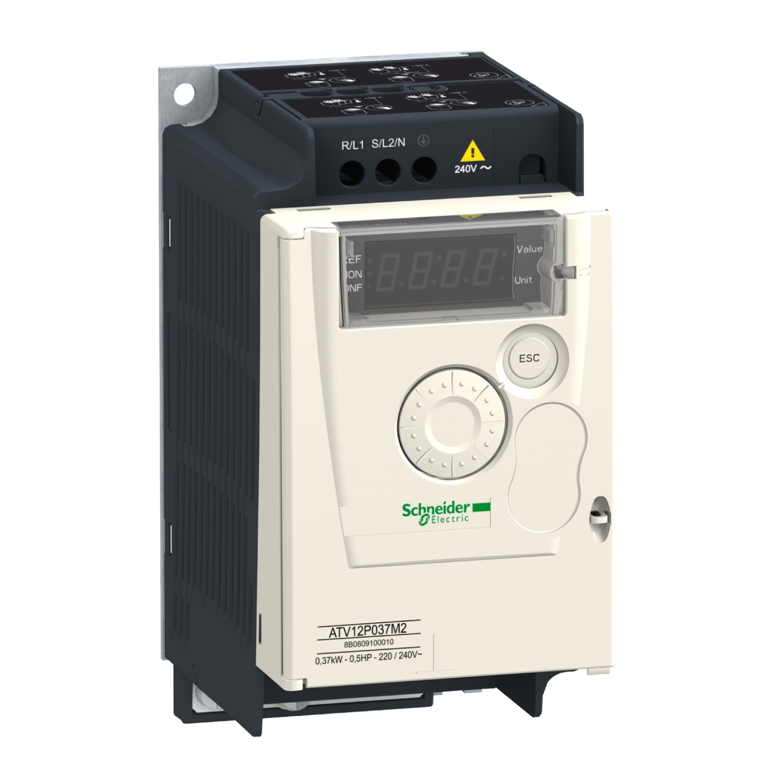 ATV12P037M2 Altivar 1-Phase Variable Speed Drive, 200/240 V AC, 2.4 A, 0.55 hp, 72 mm W x 102.2 mm D