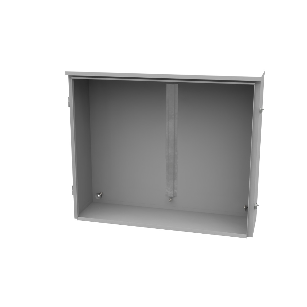 30x10x36 Hinge Cover Type 3R UL Listed Steel No Knockouts ANSI 61 Gray Back Panel Weld Studs Drip Shield Emboss Mounting Holes in Back Padlocking Draw Latch