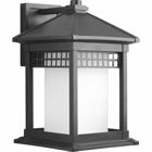 Square etched glass shade within rectilinear frame which showcases pierced grid pattern. One-light large wall lantern in a durable powder coat finish.