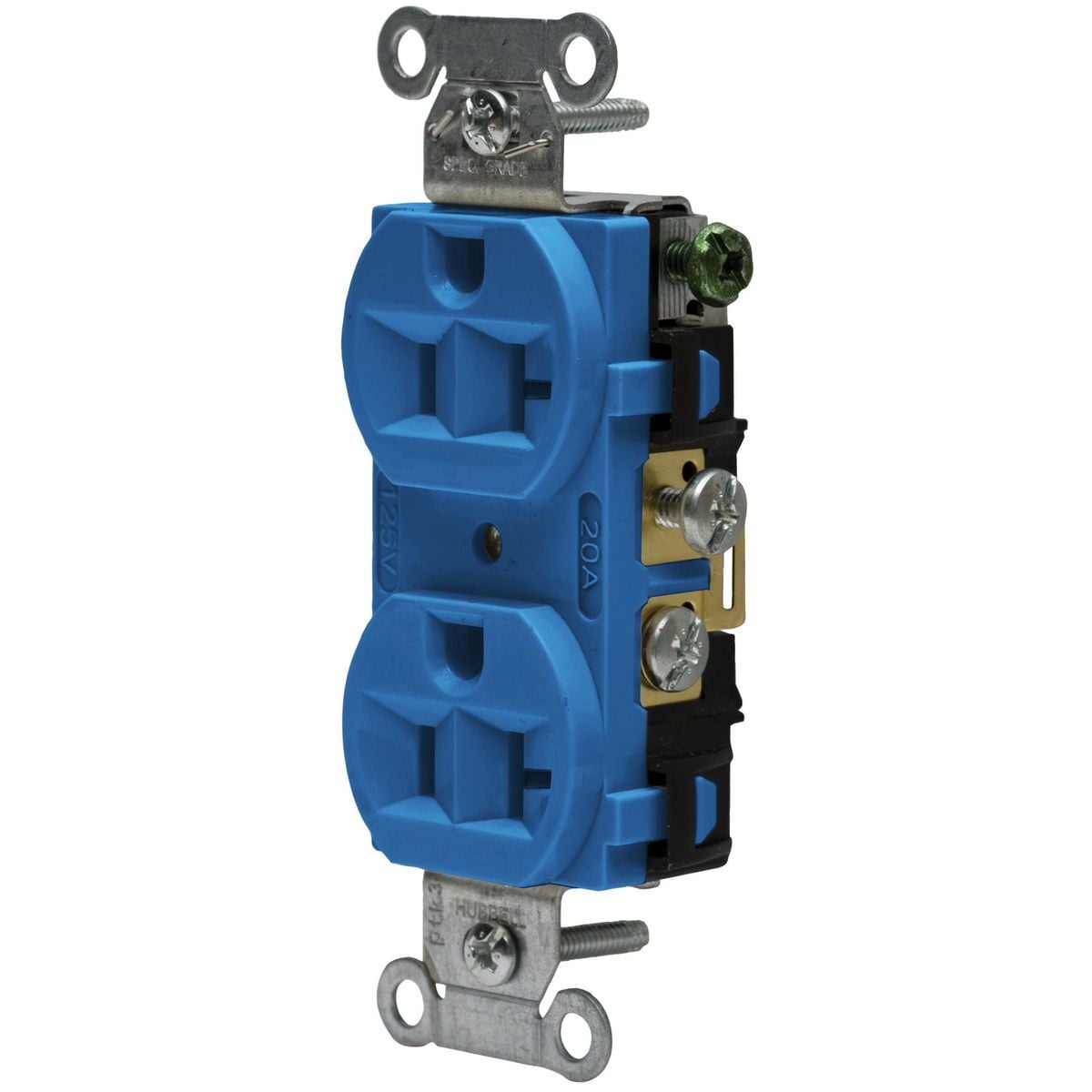 5362ABL 1-Phase Standard Duplex Heavy Duty Self-Grounding Screw Mount Straight Blade Receptacle, 125 V AC, 20 A, 2 Poles, 3 Wires, Blue