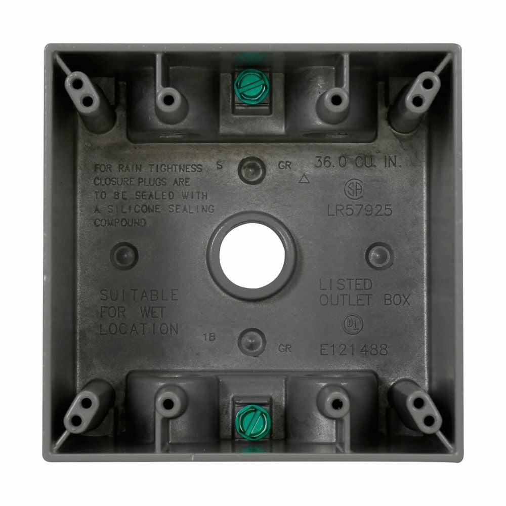 TP7126 Weatherproof Outlet Box, Die-Cast Aluminum, 37 cu-in Capacity, 2 Gangs, 5 Outlets, 5 Knockouts, 4-1/2 in W x 2-21/32 in D x 4-1/2 in H
