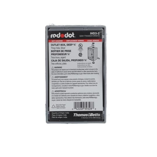 IHD3-2 Red Dot Deep Universal Weatherproof Box, Die Cast Aluminum, 24.8 cu-in Capacity, 1 Gangs, 3 Outlets, 4-9/16 in L x 2-13/16 in W x 2 in D