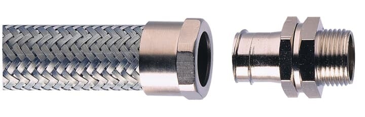SB20/M20/B Adaptaflex Adaptasteel Type B Straight Conduit Connector With Metric Threads, 1/2 in Trade, M20 Cable Openings, For Use With Type SB/STC/SSB/SSBGS Conduits, Brass, Nickel Plated