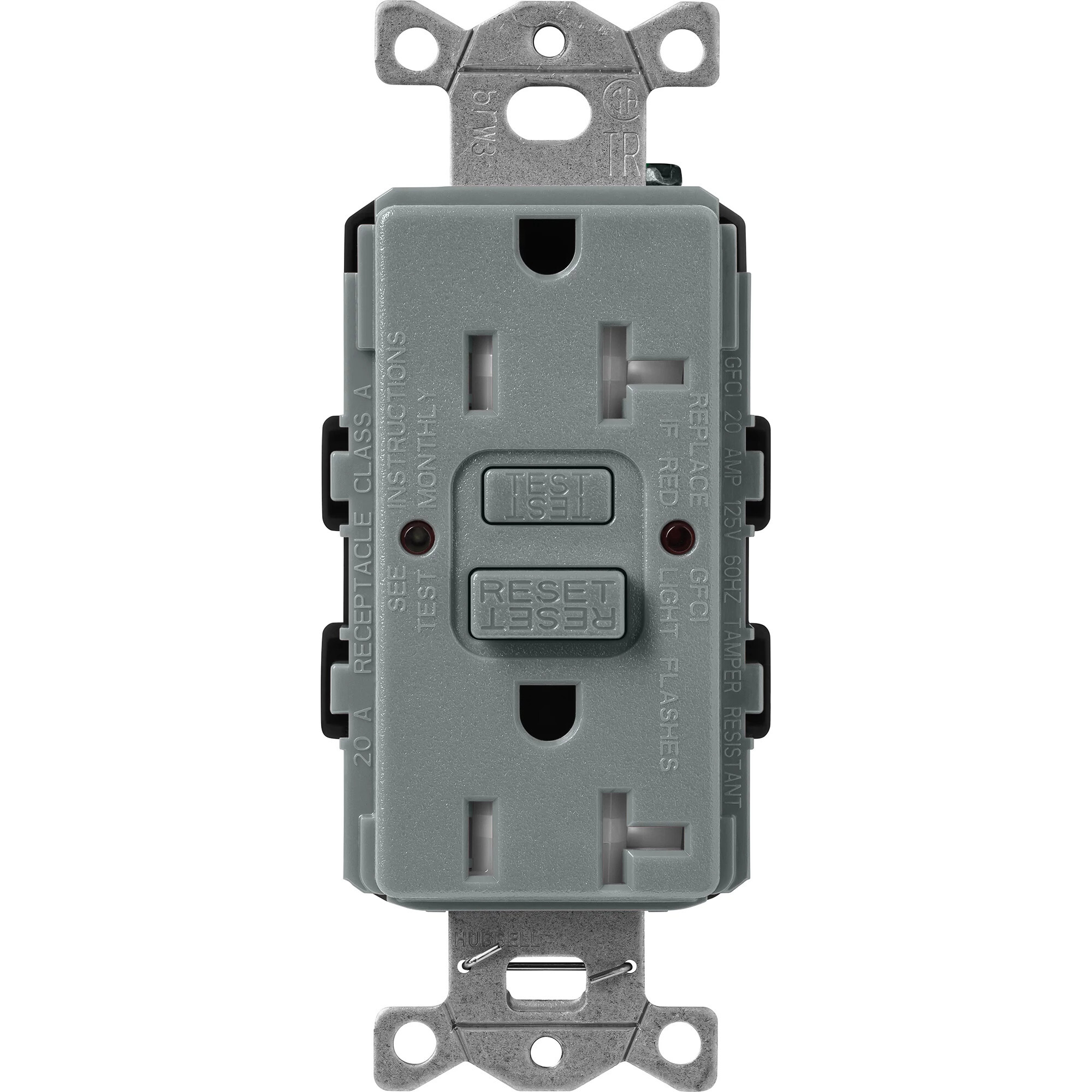 SCR-20-GFST-SL Claro Tamper-Resistant GFCI Duplex Receptacle, Decorator-Style Outlet, 20 Amp, Self-Testing, Satin, Slate