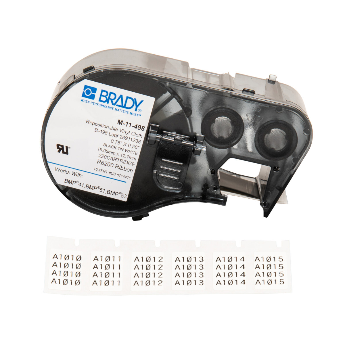 M-11-498 CleanLift M Series Rectangular Label Maker Cartridge, 1/2 in L x 3/4 in W, For Use With BMP 41, BMP 51 and BMP 53 Label Makers, B-498 Vinyl Coated Fabric, Black on White