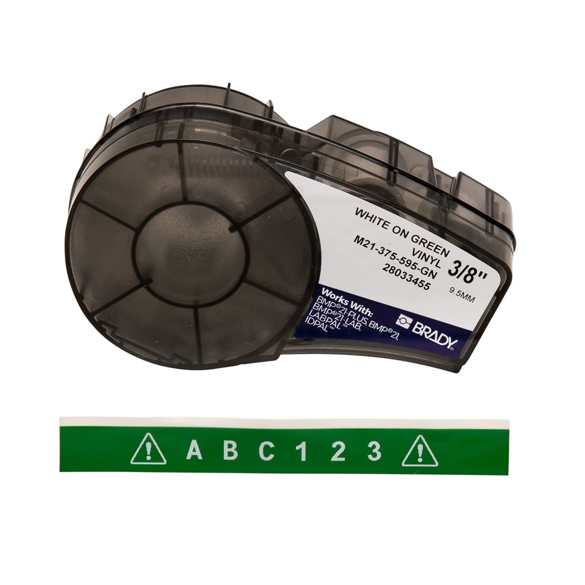 M21-375-595-GN BMP21 Cartridge Label, 21 ft L x 3/8 in W, White on Green, B-595 Vinyl