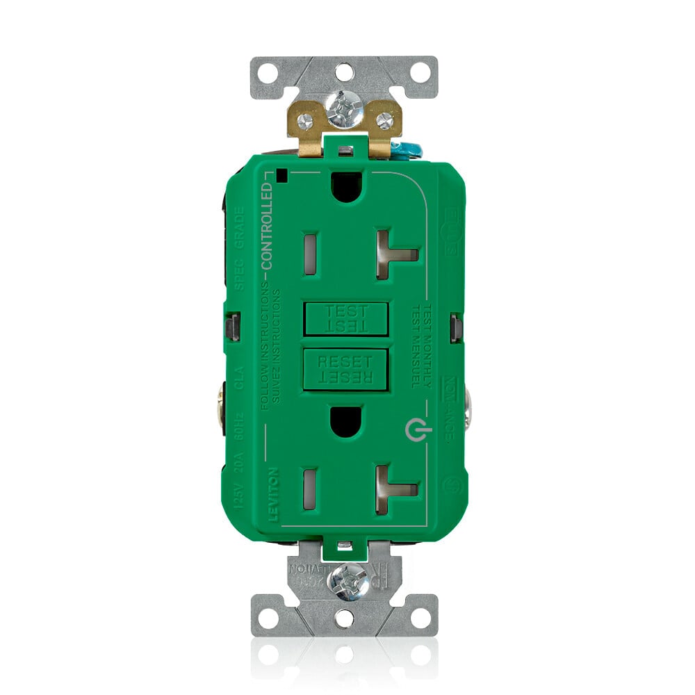 G5362-2TN SmartlockPro Duplex Extra Heavy Duty Self-Grounding Tamper-Resistant GFCI Receptacle Outlet, 125 V AC, 20 A, 2 Poles, 3 Wires, Green