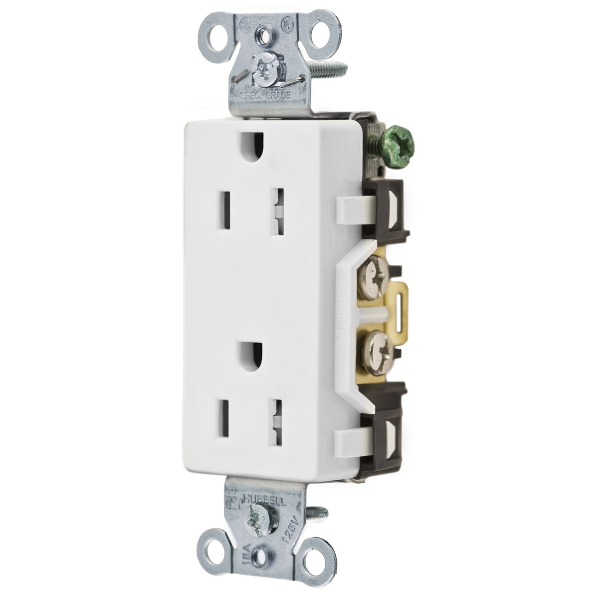 DR15WHITR 1-Phase Decorator Duplex Self-Grounding Standard Tamper-Resistant Screw Mount Straight Blade Receptacle, 125 V AC, 15 A, 2 Poles, 3 Wires, White