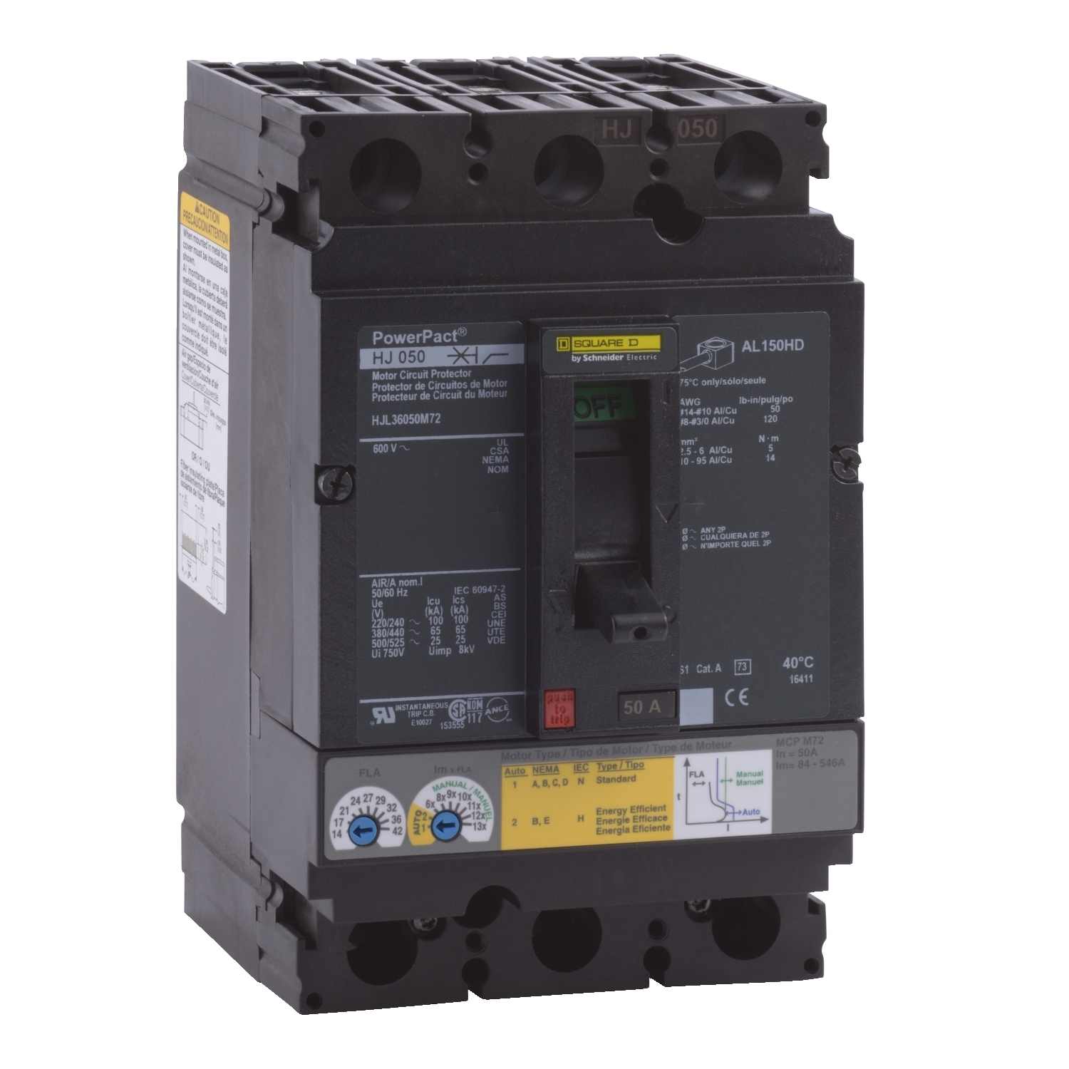 HJL36050M72 Motor Circuit Breaker, 50 Amp, 3 Pole, 600V