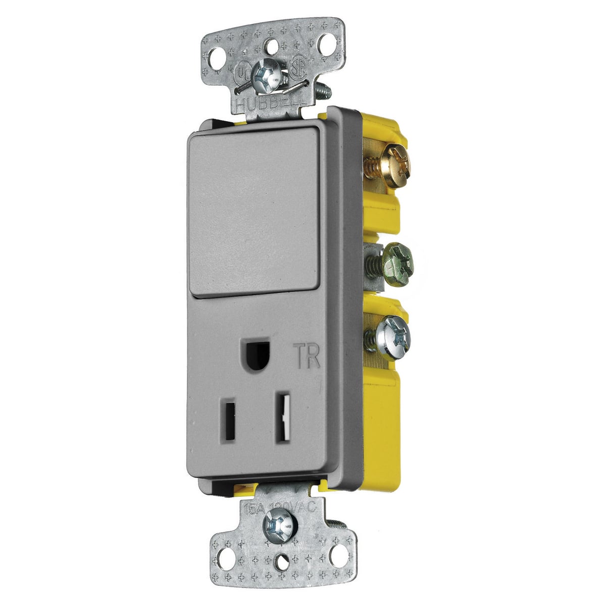 RCD308GYTR Decorator 2-Position 3-Way Rocker Snap Action Tamper-Resistant Combination Switch and Receptacle, Electrical Ratings: 15 A, 125 VAC, 1875 W, 2 Poles, 3 Wires, 14 to 12 AWG Wire, Snap Switch Reset
