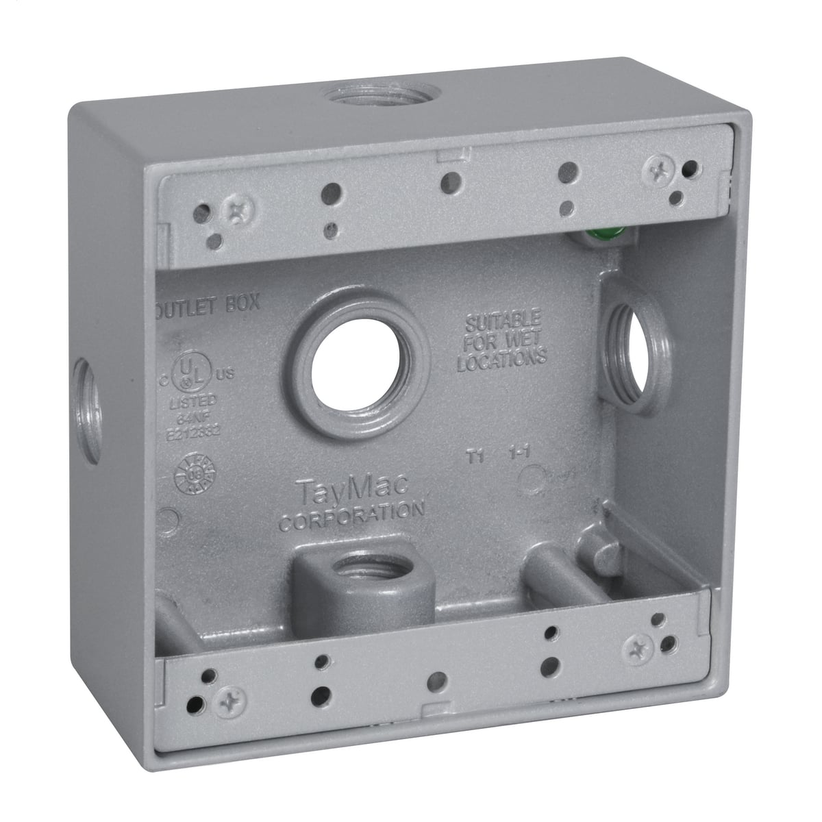 DB550XS X-Pattern Weatherproof Outlet Box With Side Lugs, Die Cast Metal, 32 cu-in Capacity, 2 Gangs, 5 Outlets, 4-1/2 in L x 4-1/2 in W x 2 in D
