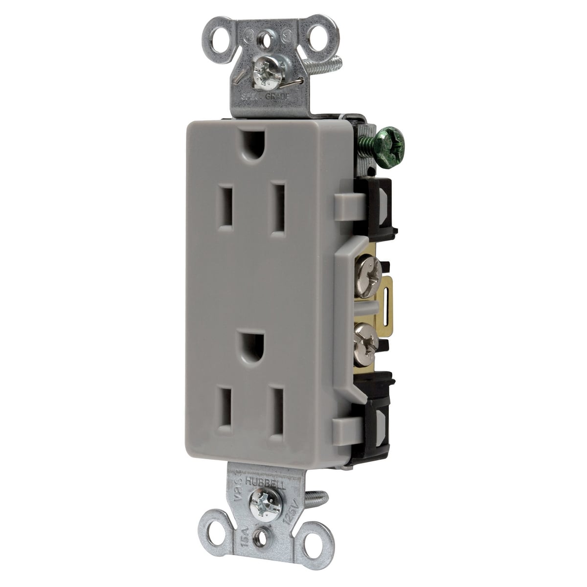 DR15GRY Decorator 1-Phase Duplex Self-Grounding Screw Mount Straight Blade Receptacle, 125 VAC, 15 A, 2 Poles, 3 Wires, Gray