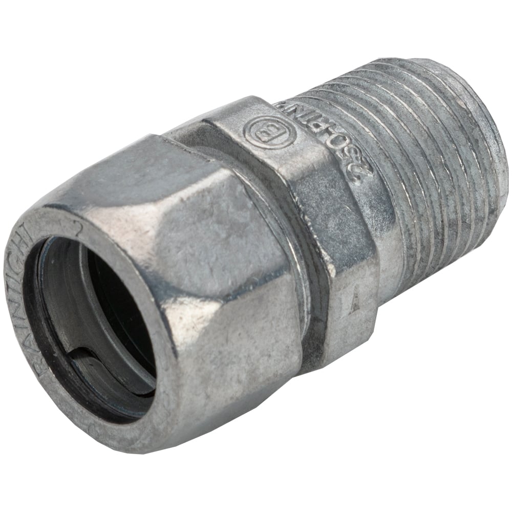 250-RTNPT Bridgeport Mighty-Seal Raintight EMT to Threaded Entry Connector, 1/2 in Trade, For Use With EMT Conduit to NPT Hub, Die Cast Zinc, Ball Burnished
