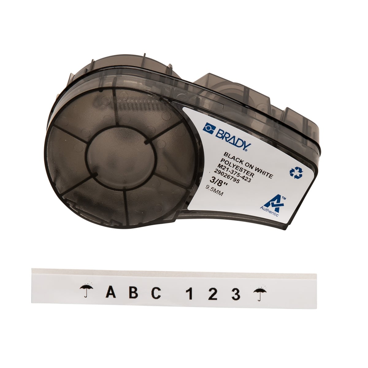 M21-375-423 WorkHorse BMP21 Cartridge Label, 21 ft L x 3/8 in W, Black on White, B-423 Polyester