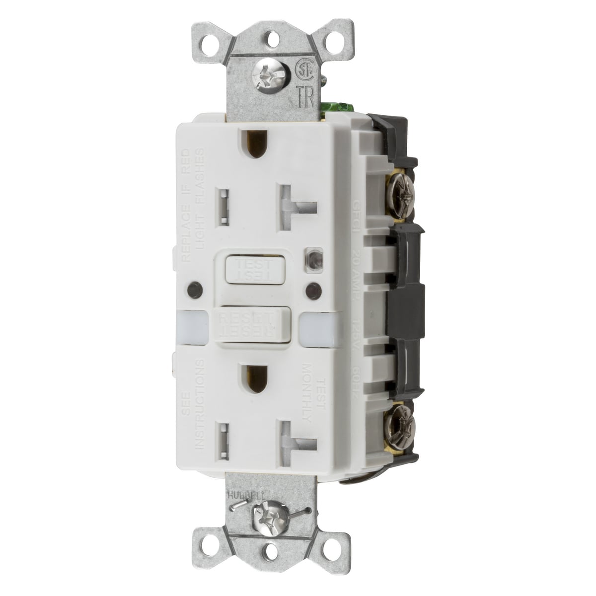 GFTRST20WNL 1-Phase Decorator Duplex Straight Blade Self-Test Tamper Resistant Standard Screw Mount GFCI Receptacle With Two LED Nightlight, 125 V AC, 20 A, 2 Poles, 3 Wires, White