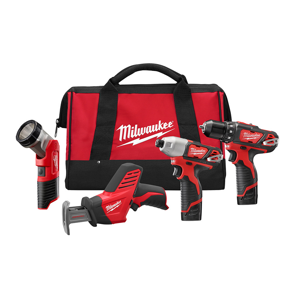2498-24 M12 4-Tool Cordless Combination Kit, Tools: Drill/Impact Driver/Reciprocating Saw, 12 V DC, 1.5 Ah Lithium-Ion, Keyless Blade