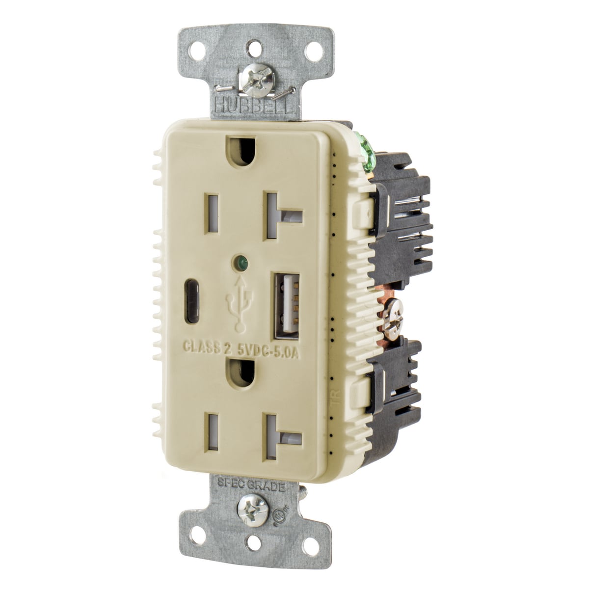 USB20AC5I Duplex Grounding Standard Tamper-Resistant USB Charger Receptacle With Green LED, 125 V AC, 20 A, 2500 W, 1 Phase, 2 Poles, 3 Wires, Ivory