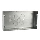 Three Gang Box, 65 Cubic Inches, 4-9/16 Inches Long x 8-3/4 Inches Wide x 1-13/16 Inches Deep, 1/2 Inch and 3/4 Inch Knockouts, Galvanized Steel, Welded Construction, For use with Conduit