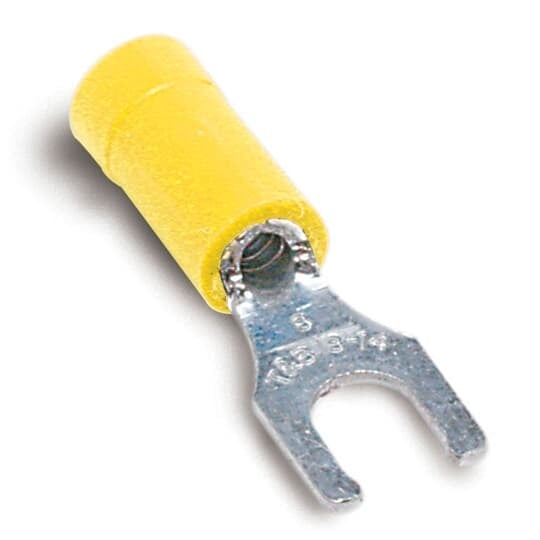 10RC-10FL Sta-Kon RC Series Insulated Fork Terminal, 12 to 10 AWG Conductor, 1.09 in L, Brazed Seam/Serrated Barrel, Copper, Yellow