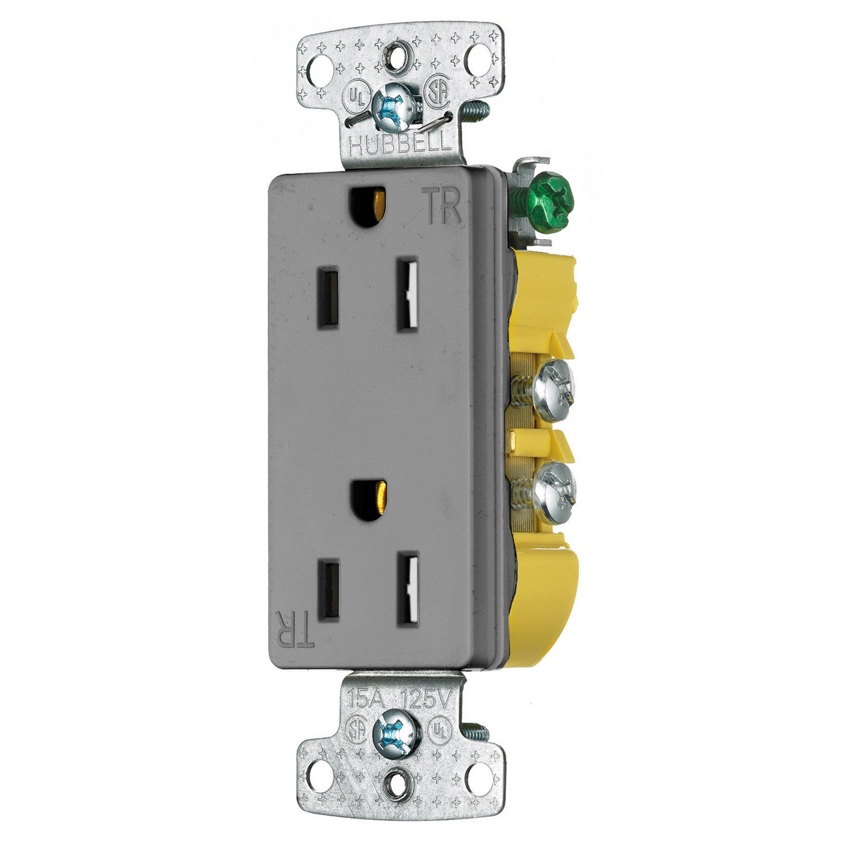 RRD15SGYTR Decorator Duplex Standard Tamper-Resistant Screw Mount Straight Blade Receptacle, 125 V AC, 15 A, 2 Poles, 3 Wires, Gray